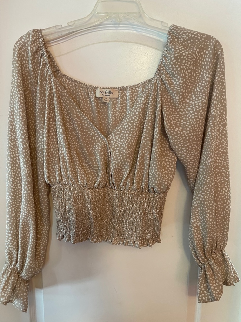 No Frills Taupe Smocked V-Neck Peasant Blouse with White Dot Print